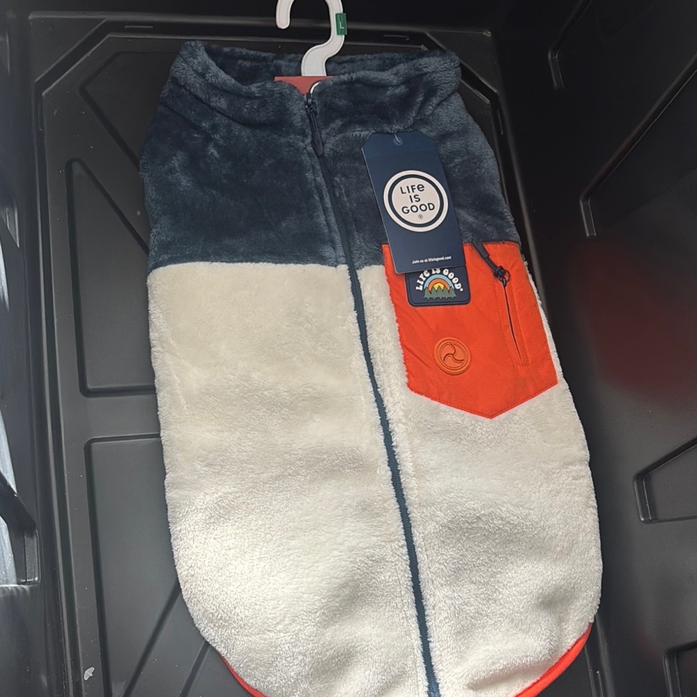 Life is Good Fleece Dog Jacket - Navy and Cream